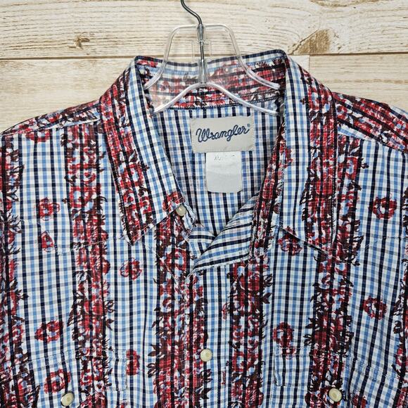 VINTAGE Wrangler Pearl Snap Western Rose Blue Long Sleeve Shirt Size XL Plaid - Picture 3 of 12